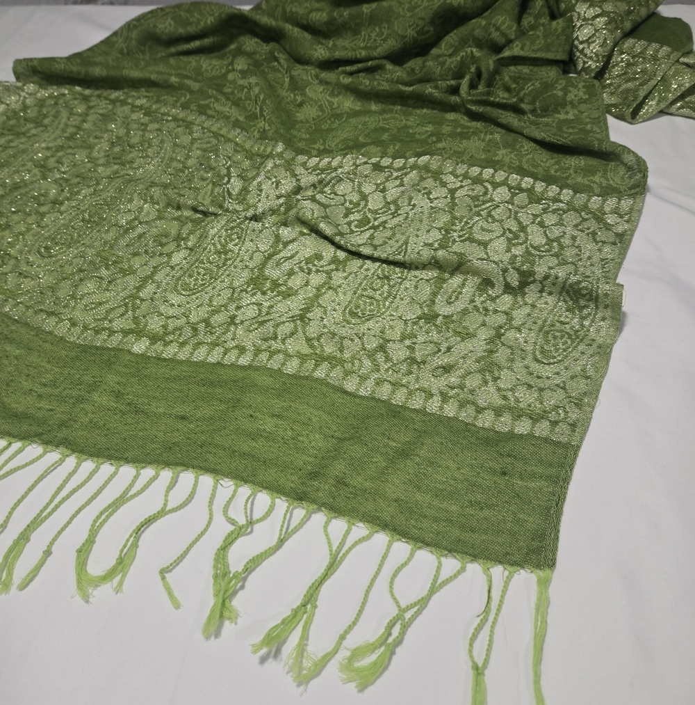 Fringe Pashmina Green Silver Paisley Floral Oversized Scarf Wrap Fairy Whimsical